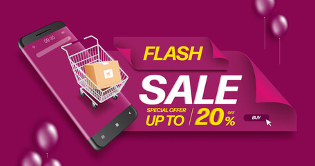 Parcel box in cart and all on smartphone screen and there is flash sale 20% off text for promotion sale pasted on the ribbon,vector 3d isolated on purple background for online shopping concept