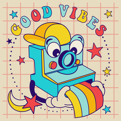 Good vibes concept with retro cartoon сamera and rainbow photos.60's-70's groovy print for tee, t shirt or poster with slogan