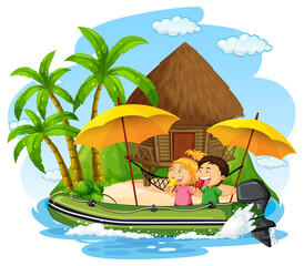 Bungalow on the island with children on inflatable boat