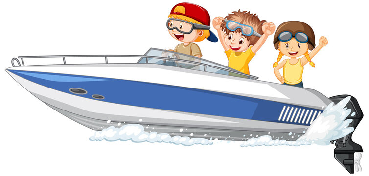 kids on blue and white speedboat clip art preview