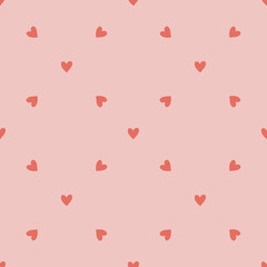 Vector seamless pattern with small red hearts on white backdrop. Valentines day background. Abstract geometric texture, repeat tiles. Love romantic theme. Minimal design for decor, textile, gift paper
