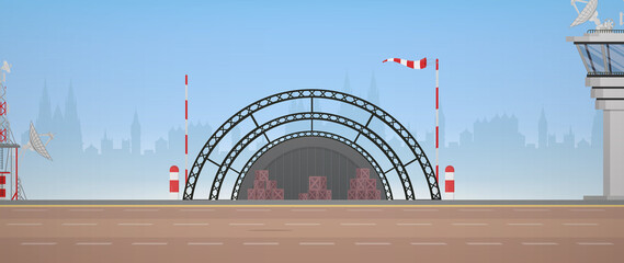 Military airport, runway and flight control point. Cartoon style.