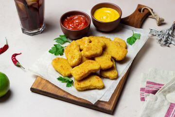 Chicken nuggets with two sauces. Fast food. American food.