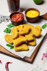 Chicken nuggets with two sauces. Fast food. American food.