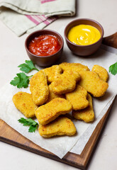 Chicken nuggets with two sauces. Fast food. American food.