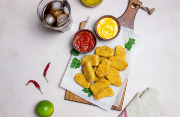 Chicken nuggets with two sauces. Fast food. American food.