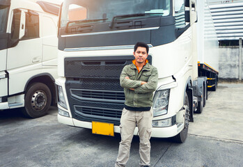 Asian Truck Driver Standing Cross One's Arm with Semi Trailer Trucks. Lorry Driver. Cargo Shipping...