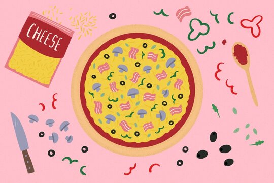 Bacon pizza cooking illustration