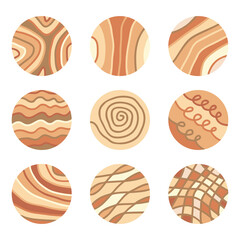 A collection of round social media highlight icons. The theme is brown texture representing organic, natural, and earthy. Originally created from hand drawn design.