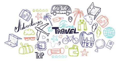 Doodle illustrations on theme of time to travel. The illustrations are isolated on a white background.