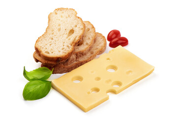 Maasdam cheese, isolated on white background.