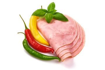 Boiled Ham Slices, close-up, isolated on a white background.