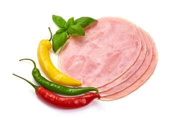 Boiled Ham Slices, close-up, isolated on a white background.