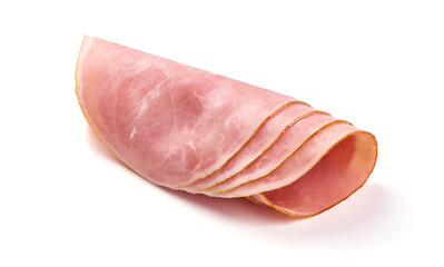 Cooked ham slices, isolated on white background.