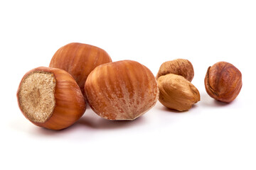 Hazelnuts, isolated on white background.