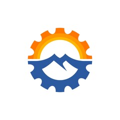 illustration of a two mountain inside a gear. landscape illustration for adventure logo.