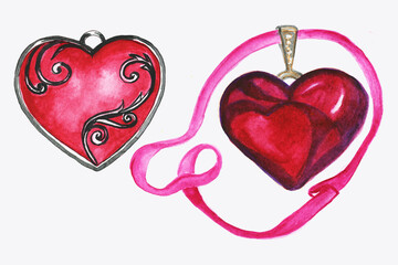 Watercolor ornaments in the form of hearts,mountain crystals ,gifts,letters love for Valentine's Day,balloons in the form of hearts,heart pendants,red hearts ,colored.Suitable for the design of postca