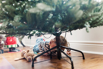 toddler under a Christmas tree