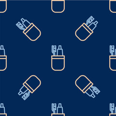 Line Toothbrush and tube of toothpaste icon isolated seamless pattern on blue background. Disposable bathroom supplies. Vector