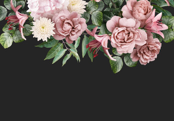 Floral banner, header with copy space. Pink roses, lily isolated on dark grey background. Natural...