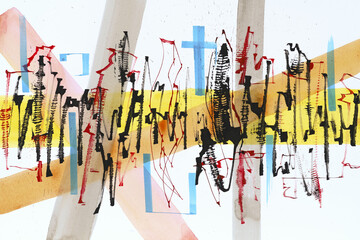 Calligraphic marks from a cola pen, on a background of watercolor stripes