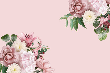 Floral banner, header with copy space. Roses, lily and hydrangea isolated on pink background....