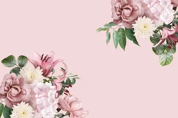 Fotobehang Floral banner, header with copy space. Roses, lily and hydrangea isolated on pink background. Natural flowers wallpaper or greeting card. © RinaM