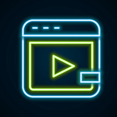 Glowing neon line Video advertising icon isolated on black background. Concept of marketing and promotion process. Responsive ads. Social media advertising. Colorful outline concept. Vector