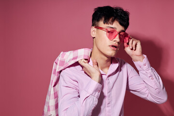 Photo of romantic young boyfriend pink shirt and glasses jacket fashion elegant style Lifestyle unaltered