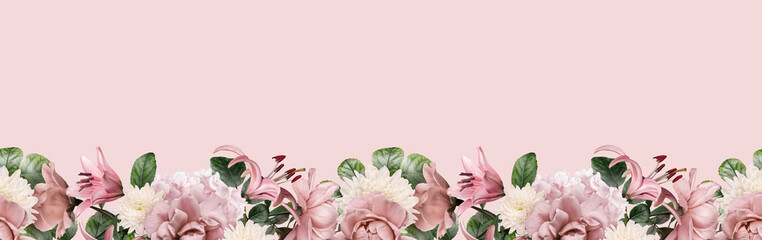 Floral border banner, header with copy space. Roses and lily isolated on pink background. Natural flowers wallpaper or greeting card. - obrazy, fototapety, plakaty