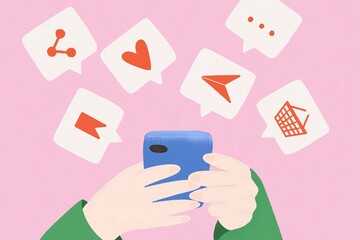 Person online in social media with smart phone