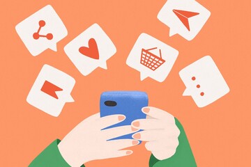 Person online in social media with smart phone