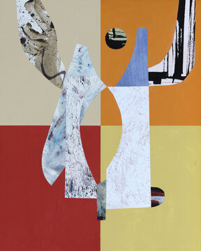 An abstract collage of mainly cool colors on warm.