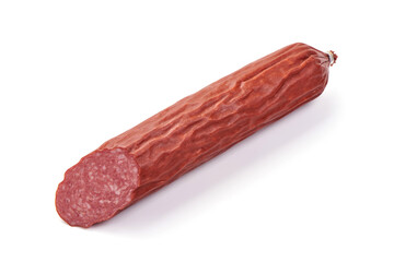 Smoked salami, isolated on white background.