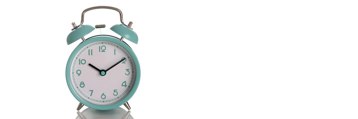 Alarm clock blue mint color for ten in morning on white background