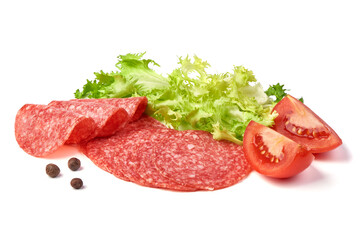 Traditional salami slices, Isolated on white background.
