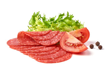 Traditional salami slices, Isolated on white background.