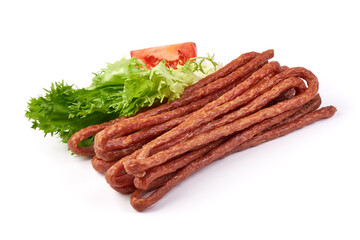 Kabanos. Polish long thin dry sausage made of pork. Isolated on white background.