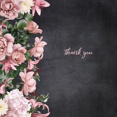 Floral card with copy space. Pink roses, lily and hydrangea on dark textured grange background....