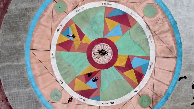 Top down view of colorful umbrella dancer at Marco Zero Square of Recife state Pernambuco. Brazilian Northeast. Historic downtown of Recife Pernambuco.