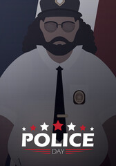 Police day banner. Policeman on the background of the flag. Vector illustration.