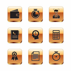 Set Wallet, Medal with star, Document, Business man planning mind, Phone book and Face recognition icon. Vector