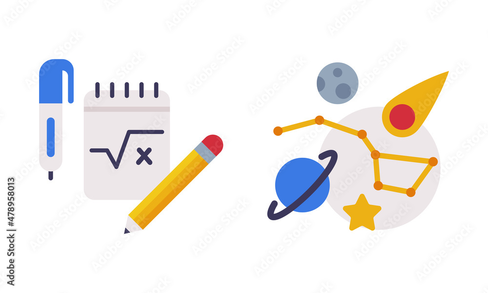 Poster planet with constellation and notepad with pen as school education object vector set