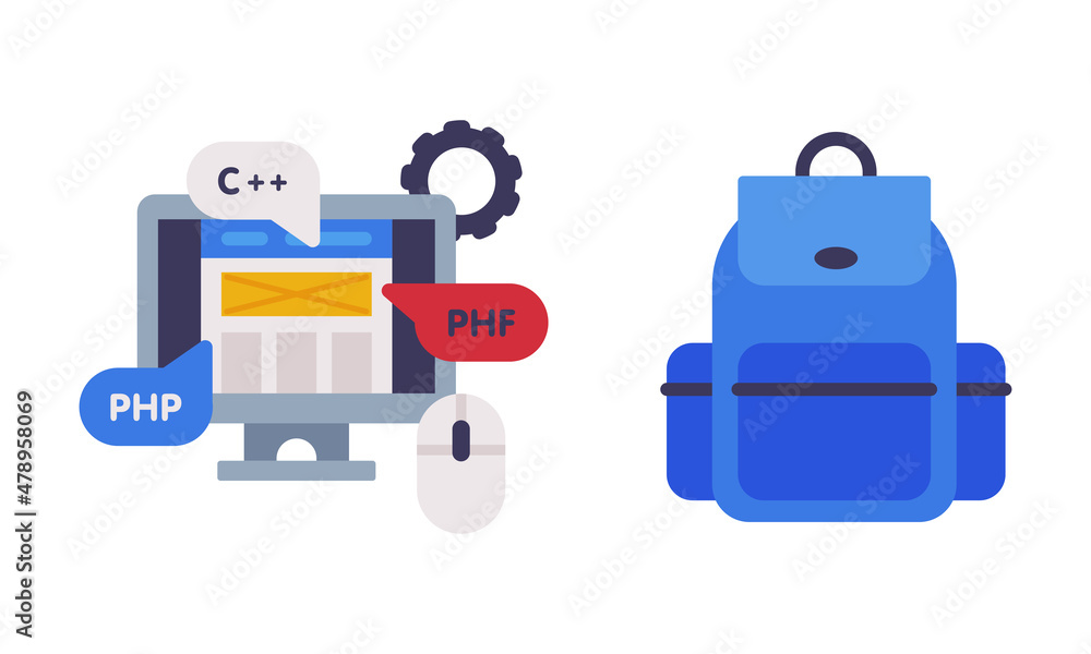 Poster computer screen with code and blue backpack as school education object vector set