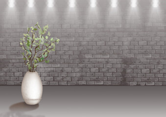 Exhibition podium. 3D background. Studio for the demonstration of cosmetic products. Branch in a vase. Green leaves. Brick wall. 3D rendering. Showcase in the style of minimalism. Monochrome series