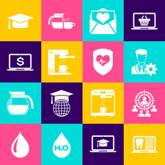 Set Laptop with dental card, Marketing target strategy, Profile settings, Envelope Valentine heart, Coffee machine and cup and dollar icon. Vector