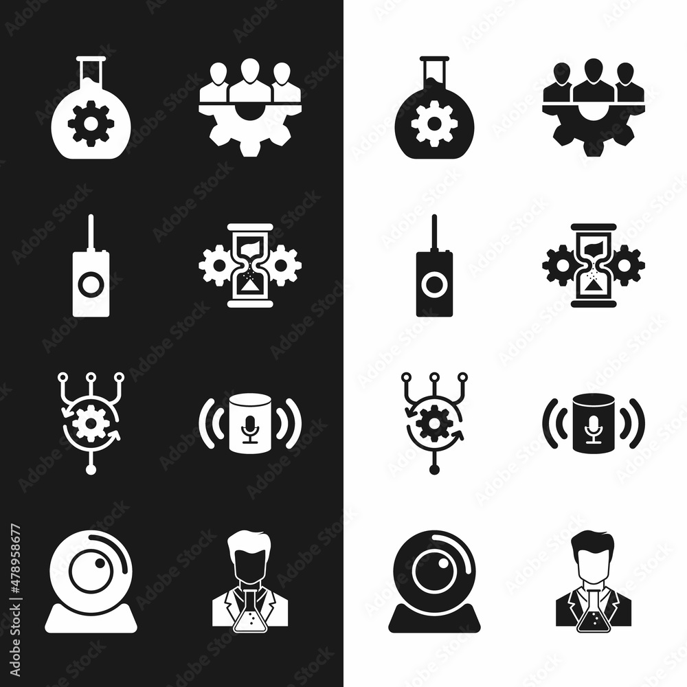 Poster set hourglass and gear, remote control, bioengineering, project team base, algorithm and voice assis