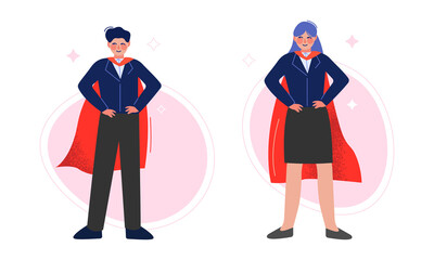 Super Businesspeople Character in Red Cape in Standing Pose Vector Set