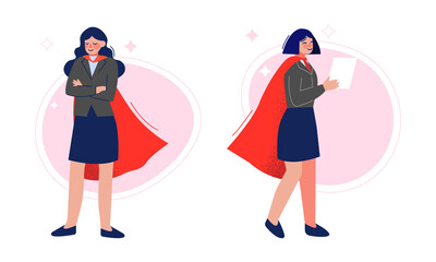 Super Business Woman Character in Red Cape Standing and Walking with Document Vector Set