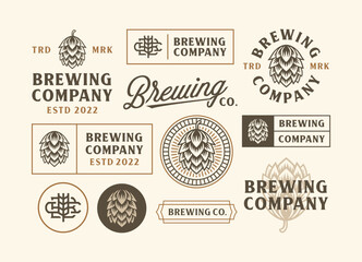 set of vintage Brewing Company hop cone retro labels vector illustration.